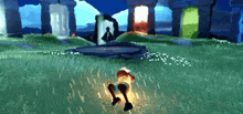 a person is standing in a field of grass in a video game with a door in the background .