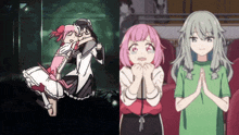 a couple of anime girls standing next to each other with their hands folded