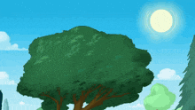 a cartoon drawing of a tree with a blue sky and sun in the background