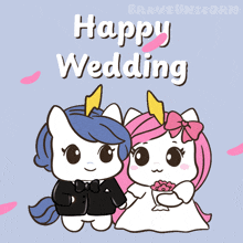 a couple of unicorns are standing next to each other with the words happy wedding written above them