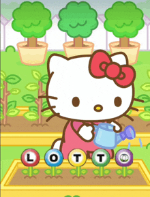 a cartoon of hello kitty watering flowers with the letter l in the middle