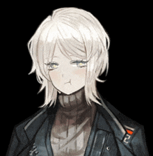 a girl with white hair is wearing a black jacket and a sweater
