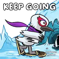 a cartoon of a bird wearing a mask and scarf says " keep going "