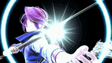 a girl with purple hair is holding a sword in front of a blue light