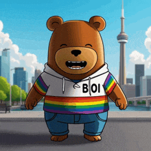 a cartoon bear wearing a rainbow shirt and a hoodie that says boi
