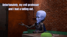 a cartoon character is sitting at a table with the words " unfortunately my evil professor and i had a falling out "