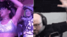 a woman is dancing next to a bald man with headphones on .
