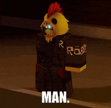 a roblox character with a chicken head and the word man on the bottom right
