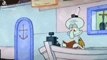 squidward is reading a book while sitting in a boat .