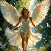 a painting of a woman in a white dress with angel wings is displayed on pixverse.ai
