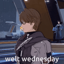 a cartoon character is standing in front of a building with the words welt wednesday below him