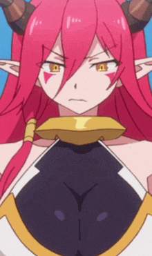 a girl with red hair and horns is wearing a black and gold outfit