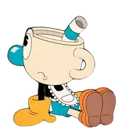 a cartoon character with a cup on his head and a straw in his mouth