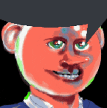 a cartoon character with a red face and green eyes is wearing a black hat