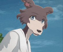 a close up of a cartoon character with a blue sky behind him