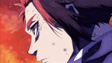 a close up of a cartoon character 's face with red hair .