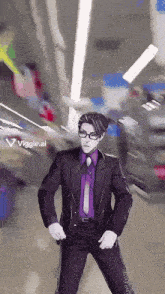 a man in a suit and tie is dancing in a video game called viggle ai