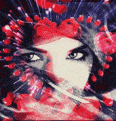 a woman 's face is surrounded by red hearts and flowers