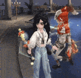 a girl in a white jacket is standing next to a boy with red hair