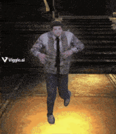 a man in a suit and tie is running in a video game with the name viggle.ai written below him