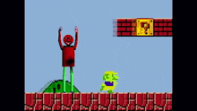 a pixel art of a man holding a brick over his head in a video game ..