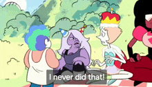 a group of cartoon characters sitting on a checkered picnic blanket with the caption i never did that