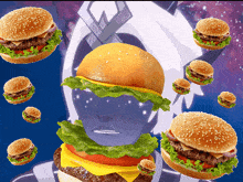 a bunch of hamburgers are floating in front of a person 's face