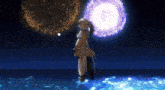 a girl is standing in front of a full moon