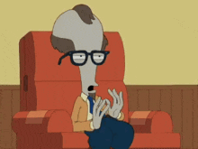 a cartoon character wearing glasses is sitting on a red chair