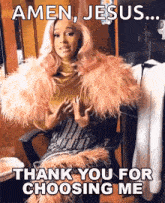 a woman with pink hair is sitting in a chair with the words amen jesus thank you for choosing me
