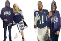 a group of people wearing eagles sweatshirts pose for a photo