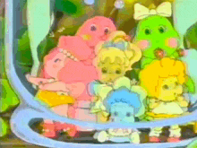 a group of cartoon characters are sitting in a glass