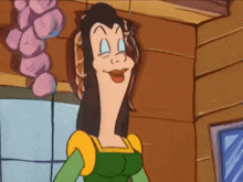 a cartoon woman in a green dress is smiling