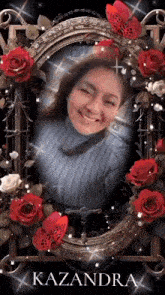 a woman in a blue sweater is in a picture frame with red roses and the name kazandra