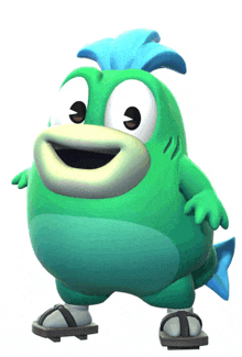 a green cartoon character is wearing sandals and has a blue head