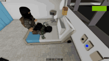 a screenshot of a video game shows a person sitting on a bed with a green screen