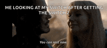 a man and a woman are looking at each other with the caption " me looking at my switch after getting the switch 2
