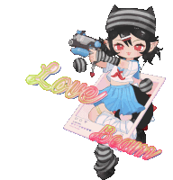 a drawing of a girl holding a gun with the words love boom behind her