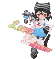 a drawing of a girl holding a gun with the words love boom behind her