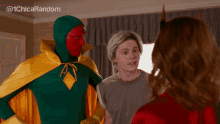 a woman in a red cape stands next to a man in a green cape with the hashtag @ 1chica random visible