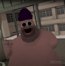 a cartoon character with a beard and a purple hat is standing in front of a window