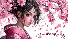 a painting of a woman in a kimono with the name wong written below her