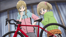 two girls are standing next to a red bicycle
