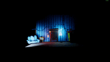 a cartoon character is standing in a dark room with a couch and a door