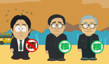 three cartoon characters are standing next to each other and one has a no sign on his head