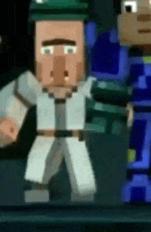 a minecraft character wearing a white coat and tie is standing next to another minecraft character .