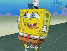 a cartoon of spongebob saying great while standing on a beach