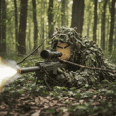 a person in a camouflage suit is holding a rifle