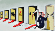 a cartoon drawing of a man holding a hammer standing in front of a row of yellow doors