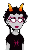 a pixel art drawing of a troll wearing glasses and a black shirt with a fish on it